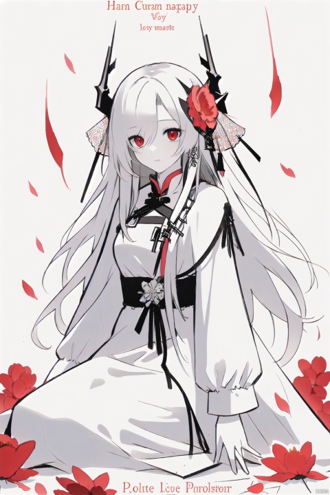  (masterpiece),(best quality),illustration,ultra detailed,hdr,Depth of field,(colorful),1girl,red eyes,white long translucent night gown,expressionless,(white hair),hair cover one eye,long hair,red hair flower,kneeling on lake,blood,(plenty of red petals:1.35),(white background:1.5),(English text),greyscale,monochrome,greyscale,monochrome,sketch, Kal'tsit, white hell, Migunov, gummy_(arknights),monoclor,lineart, phSaber, TUSHAN HONGHONG, guoflinke, yinyou,yinyou color