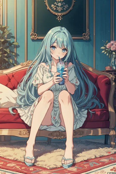  masterpiece, panorama,1 girl, cute, solo focus, long curly hair, light blue hair, happy face, delicate dress, hair spin, ((sitting on sofa)), slippers, a delicate sitting room, deep of field, a photo frame on the wall, velvet curtains, sofa in modern minimalist style, Stuffed toys on the floor,drinking soft drink,((carpet)) on the floor, game consoles scattered on the floor, summer holiday, drinking soft drinks, beautiful flowers around her, backlight, mLD, cozy anime, (\ji jian\), akebi komichi, green eyes, ceobe_(arknights)