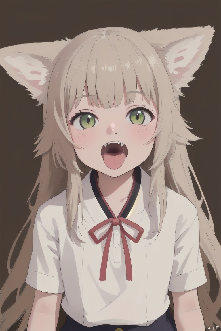  ultra-detailed,(best quality),((masterpiece)),(highres),original,extremely detailed 8K wallpaper,(an extremely delicate and beautiful), anime, \\, BREAK 1girl, long hair, white hair, virtual youtuber, open mouth, cat ears, fang, smile, blush, camisole, shorts, solo, bangs, very long hair, shirt, looking at viewer, :d, skin fang, ribbon, red eyes, simple background, ((young teenage girl)), ((petite)), dino, ears down, ((poakl)), Detail, shuixia, origen, shead, qzfuling, nayutaren, fl, ph_katou, Open mouth, green eyes, gotou hitori, normal