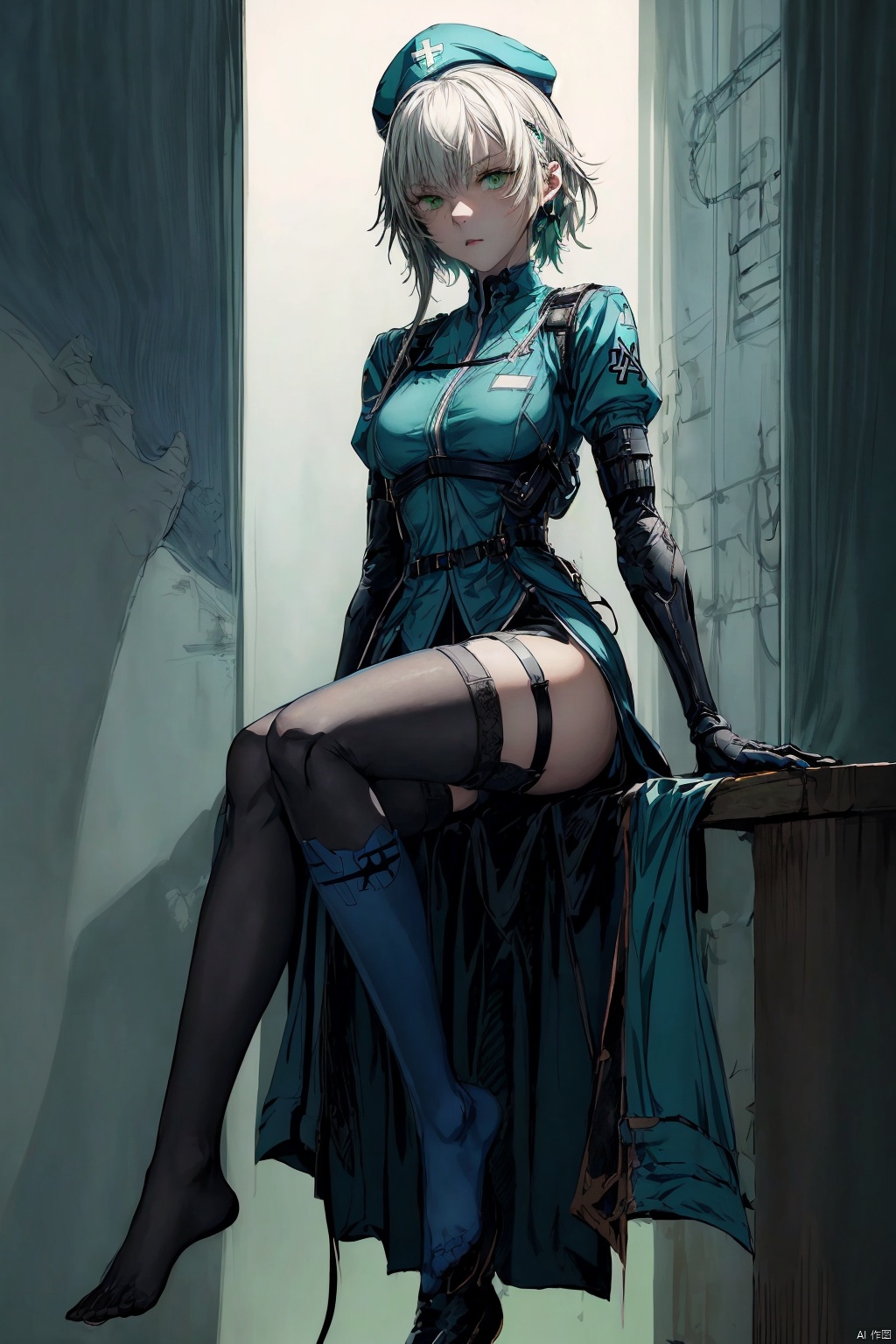 A woman wearing military medical attire, blue-green nurse uniform, medium length short hair, gloomy and angry expression, blue nurse hat, beautiful anime portrait, black stockings, five toes, foot vision, trampling perspective, being stepped on, digital anime illustration, beautiful anime style, fantasy medical worker, anime illustration, anime fantasy illustration, beautiful character painting, pop art, (\ personality \), w_ (Arknights), 1 girl, green eyes, (trampling), ((poakl))