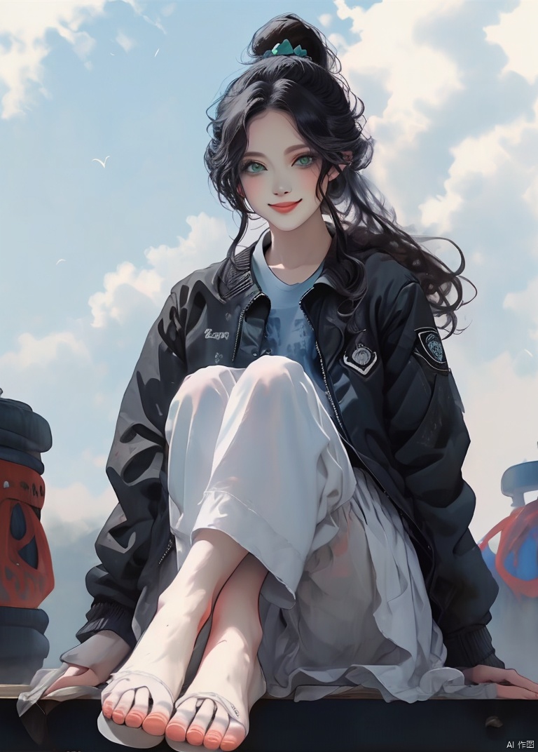  Masterpiece, best quality, high quality, (color), [artist sk (askzy)], [artist wlop], firefly, foot focus, 1girl, toe, solo, barefoot, foot, long hair, white hair, looking at the audience, hair band, shortening, ****, powder blusher, jacket, black hair band, showing hair between feet, shirt, eyes, sitting, white shirt, evil smile, green eyes, ((poakl)), mLD, skirt_lift, lineart, Black Illustration Line Art, zukong