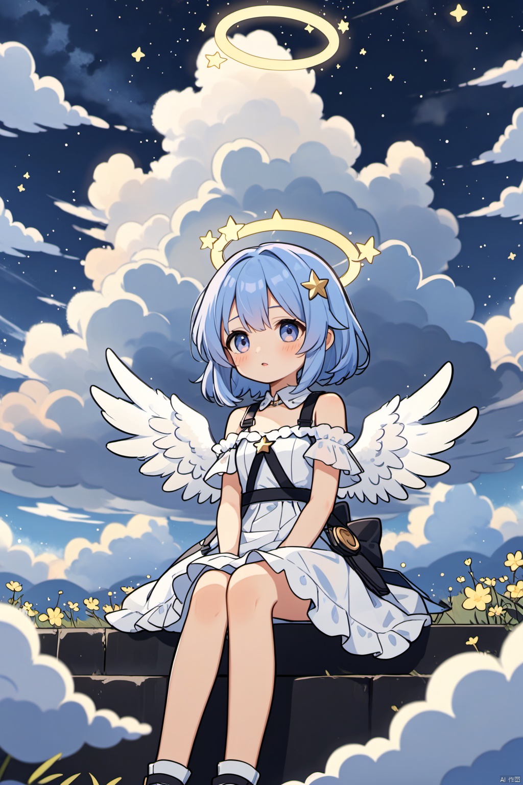  blurry foreground with drifting clouds. in the background, a girl with angel wings and halo, sitting among clouds. her dress is made of clouds and dotted with little stars. The whole atmosphere of the picture is serene and dreamy, evoking a sense of nostalgia and magic. very aesthetic., loli, texas \(arknights\)