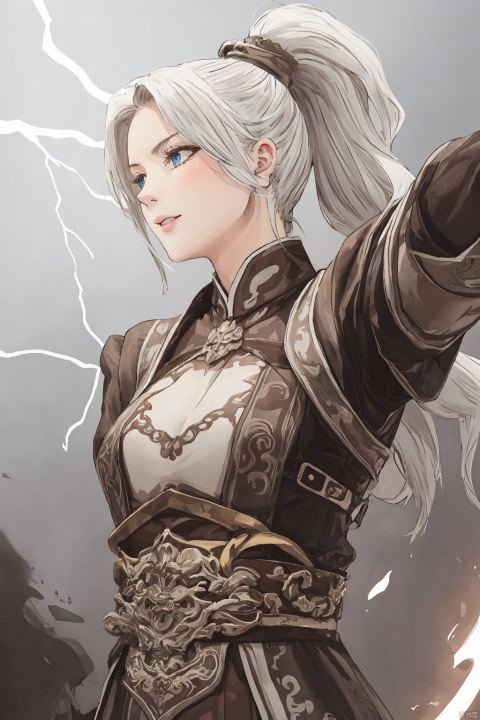  solo,highly detailed,(best quality),((masterpiece)),1girl,white hair,simple_background,long hair,(big_breasts),peiyuhan,(evil smile),upper_body,taunting,(evil),(arms behind back),evil laugh,nsfw, miaoying,ponytail,,((white eyes)),lightning background,from below, chinese armor