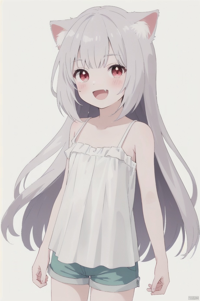  ultra-detailed,(best quality),((masterpiece)),(highres),original,extremely detailed 8K wallpaper,(an extremely delicate and beautiful), anime, \\, BREAK 1girl, long hair, white hair, virtual youtuber, open mouth, cat ears, fang, smile, blush, camisole, shorts, solo, bangs, very long hair, shirt, looking at viewer, :d, skin fang, ribbon, red eyes, simple background, ((young teenage girl)), ((petite)), dino, ears down, ((poakl))