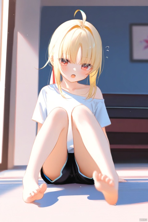  masterpiece,best quality,high quality,(colorful),[Artist miwano rag],[Artist toosaka asagi],[Artist wlop],[Artist chen bin],loli,ai3 Style, 1girl, barefoot, toes, feet, ijichi nijika, soles, blonde hair, solo, shorts, foot focus, shirt, side ponytail, blush, ahoge, black shorts, foreshortening, sitting, legs, white shirt, blurry background, long hair, off shoulder, blurry, sidelocks, sweatdrop, single bare shoulder, red eyes, short shorts, bare legs, open mouth, knees up, short sleeves, indoors, full body, dolphin shorts, collarbone, t-shirt, parted bangs, presenting foot, Kal'tsit