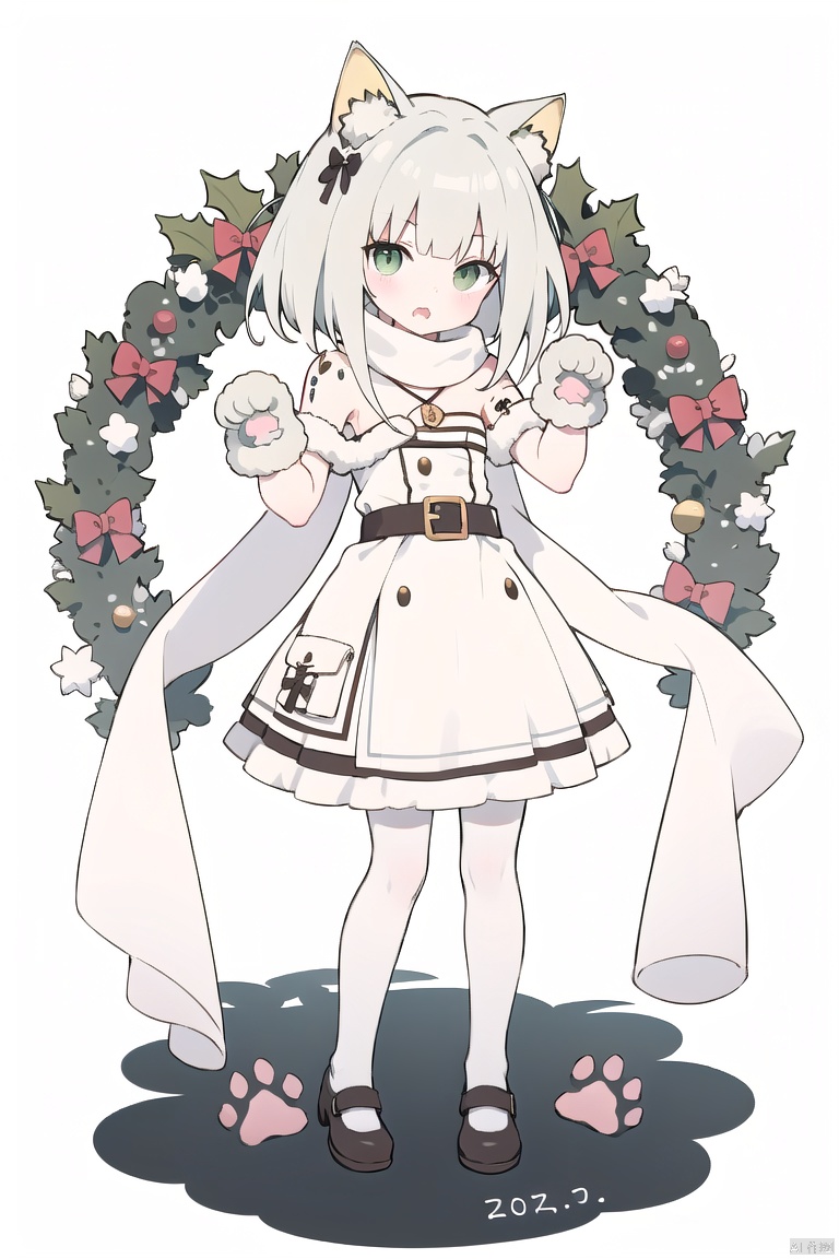  Tendou Alice,(loli:1.2),long hair,(paw pose:1.4),scarf,strap slip,full body,(white silk stockings:1.3),(Cat paw gloves:1.3),White background,(Merry Christmas!), green eyes