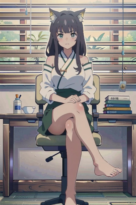  A girl, {feet on the table}, sitting with her whole body, feet, toes, legs, crossed legs, arms crossed, black pantyhose, sole, foot focus, no shoes, Dutch horn, looking at the audience, office chair, sharp eyes, long hair, smooth skin, solo, window, blinds, Asian beauty wearing black stockings, short skirt, casual colored clothes, her own shoulder skirt, sitting Asian beauty. Qiu Ying's works are simple Chinese paintings with simple lines. He is a master of ancient Chinese painting, known for his ink wash, oriental style, traditional clothing, line art, abstract art, and yellow rice paper. Gu Kaizhi and Wu Daozi focus on artistic conception, with simple backgrounds and diverse styles. He has a certain artistic atmosphere and high-end flashlight effects, KNOTBLOUSE, zcshinkai\(\style\)