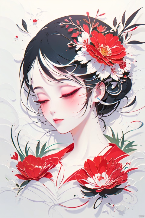  1girl, solo,black hair,closed mouth,closed eyes,flower,eyelashes, makeup, fdjz