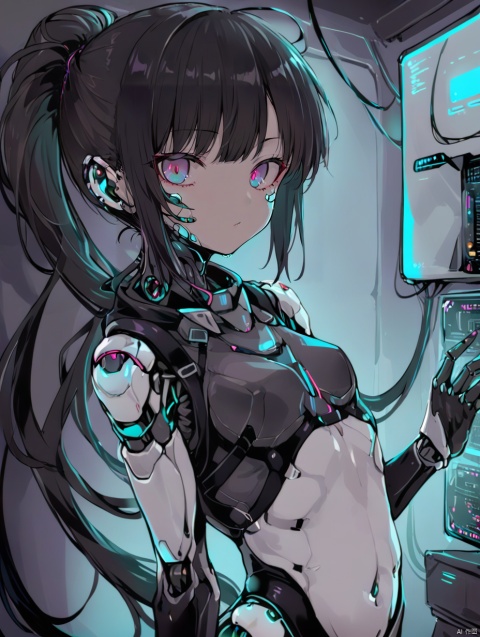  gzly,1girl,solo,cyberpunk,ponytail,looking at viewer,black hair,science fiction,upper body,joints,masterpiece, best quality, Mecha, Illustration, circuitboard, loli