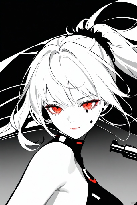  masterpiece, best quality,1girl, solo, floating hair, spot color,bare shoulders, red eyes, eyelashes,two ponytails, facial close-up,secret service,white hair,gun shooting,cool,pistol,Armed, (\shen ming shao nv\), high contrast,A cyberpunk girl,simple background, Lappland