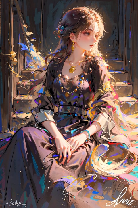  1girl, solo, long hair, brown hair, black hair, long sleeves, dress, jewelry, sitting, closed mouth, earrings, hand up, signature, necklace, black dress, bracelet, profile, ring, stairs, multiple rings,meiren, ((poakl)), (\ji jian\), gotou hitori