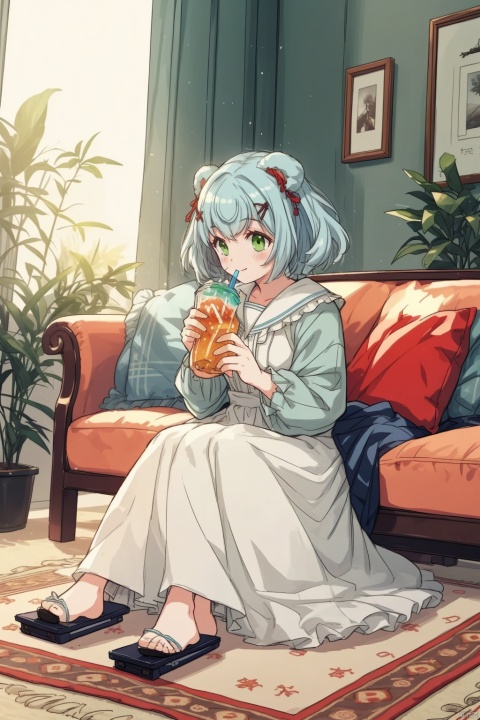  masterpiece, panorama,1 girl, cute, solo focus, long curly hair, light blue hair, happy face, delicate dress, hair spin, ((sitting on sofa)), slippers, a delicate sitting room, deep of field, a photo frame on the wall, velvet curtains, sofa in modern minimalist style, Stuffed toys on the floor,drinking soft drink,((carpet)) on the floor, game consoles scattered on the floor, summer holiday, drinking soft drinks, beautiful flowers around her, backlight, mLD, cozy anime, (\ji jian\), akebi komichi, green eyes, ceobe_(arknights), gummy_(arknights)