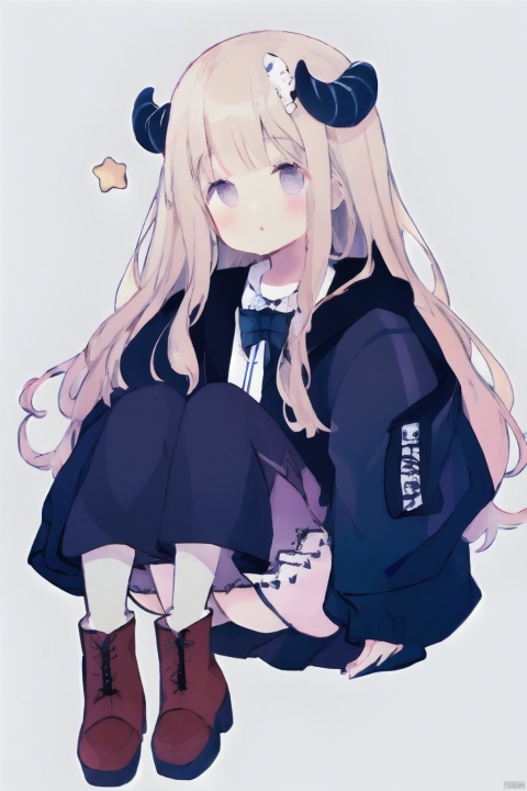  1girl, solo, white shirt, shirt, long hair, white background, skirt, blush, purple skirt, very long hair, long sleeves, horns, brown hair, jacket, boots, bangs, parted lips, socks, braid, open jacket, star \(symbol\), looking at viewer, purple bow, full body, skeleton, sleeves past wrists, simple background, bow, animal, open clothes, blue socks, bird, knee up, skull