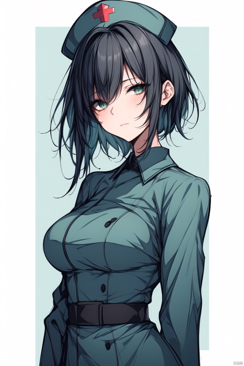 a woman in a nurse uniform, blue green nurse suit, short black hair, innocent expression, blue nurse hat, beautiful anime portrait, digital anime illustration, beautiful anime style, fantasy medical worker, anime illustration, anime fantasy illustration, beautiful character painting, trending on artstration,（\personality\）, w_(arknights), smug, 1girl, green eyes