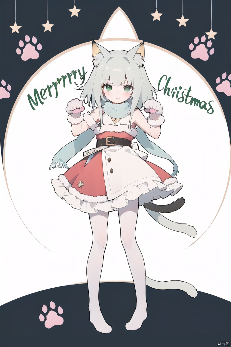  Tendou Alice,(loli:1.2),long hair,(paw pose:1.4),scarf,strap slip,full body,(white silk stockings:1.3),(Cat paw gloves:1.3),White background,(Merry Christmas!), green eyes, white pantyhose