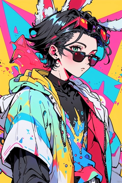  //
( code background), (data background,:1.2),
//
multicolored_background,red and white background,sam yang, (1boy:1.3), (short white hair,hair slicked back,:1.2)black sunglasses, expressionless,cowboy shot, no_eyes,(colored inner hair, colored_tips,:1.2), shota, ink style, Light-electric style, (\shuang hua\), 372089, flat, cozy animation scenes, bpstyle, green eyes, gotou hitori, rabbit ears, yinyou,yinyou color