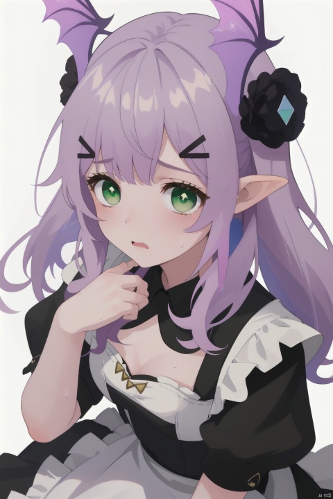 1 girl, gotoh hitori, @ _ @, black dress, cflustered, cube hair accessory, maid apron, raise hand, maid headwear, panic, beads of sweat, single, upper body, dynamic angle, white background, Kal'tsit, gummy_(arknights), green eyes,kaldef, a girl named arknian