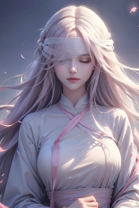  duotone pink and white,1girl,Long hair, loose hair, white hair,(blindfold),The wind blows, close-up,(no show left hand),(no show right hand)facing me directly, ceobe_(arknights)