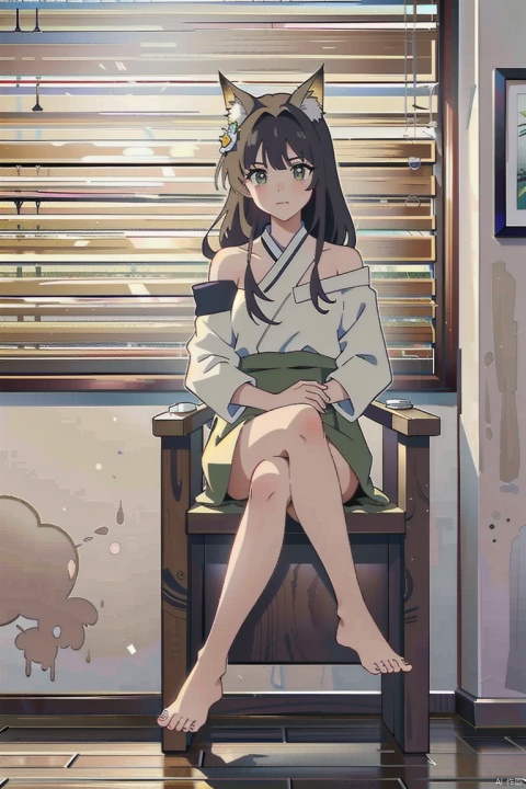  A girl, {feet on the table}, sitting with her whole body, feet, toes, legs, crossed legs, arms crossed, black pantyhose, sole, foot focus, no shoes, Dutch horn, looking at the audience, office chair, sharp eyes, long hair, smooth skin, solo, window, blinds, Asian beauty wearing black stockings, short skirt, casual colored clothes, her own shoulder skirt, sitting Asian beauty. Qiu Ying's works are simple Chinese paintings with simple lines. He is a master of ancient Chinese painting, known for his ink wash, oriental style, traditional clothing, line art, abstract art, and yellow rice paper. Gu Kaizhi and Wu Daozi focus on artistic conception, with simple backgrounds and diverse styles. He has a certain artistic atmosphere and high-end flashlight effects, KNOTBLOUSE, zcshinkai\(\style\)