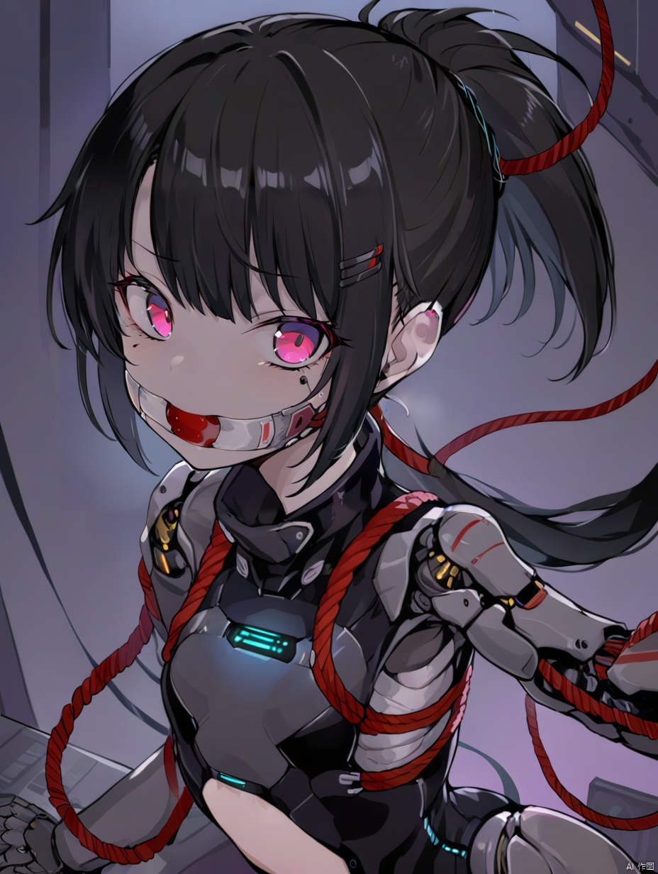  gzly,1girl,solo,cyberpunk,ponytail,looking at viewer,black hair,science fiction,upper body,joints,masterpiece, best quality, Mecha, Illustration, circuitboard, loli, Rope bondage and blake tape gag, BRS0, anhei