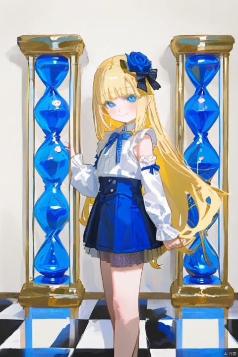  (masterpiece),(best quality),1girl, solo, blue_flower, flower, blue_eyes, long_hair, blonde_hair, blue_rose, detached_sleeves, smile, rose, skirt, long_sleeves, shirt, looking_at_viewer, closed_mouth, white_shirt, blush, bow, checkered_floor, holding, hourglass, standing, sleeveless, indoors, frills, fantasy7033, baiwe7033 style