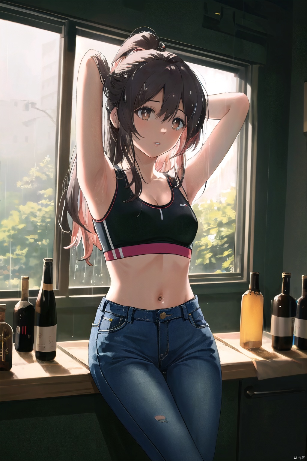  1girl, solo, long hair, breasts, black hair, navel, cleavage, brown eyes, medium breasts, sitting, midriff, pants, indoors, armpits, bra, blurry, arms up, lips, bottle, denim, arms behind head, jeans, sports bra, realistic,(rainning:1.3), ((poakl)), oyama_mahiro