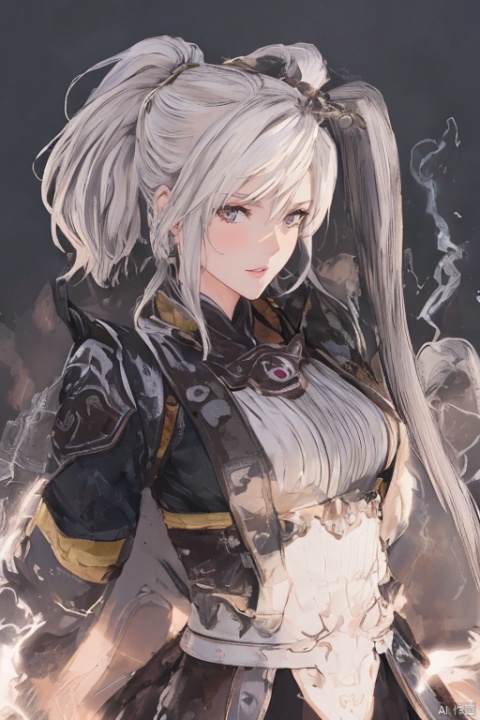  solo,highly detailed,(best quality),((masterpiece)),1girl,white hair,simple_background,long hair,(big_breasts),peiyuhan,(evil smile),upper_body,taunting,(evil),(arms behind back),evil laugh,nsfw, miaoying,ponytail,,((white eyes)),lightning background,from below,