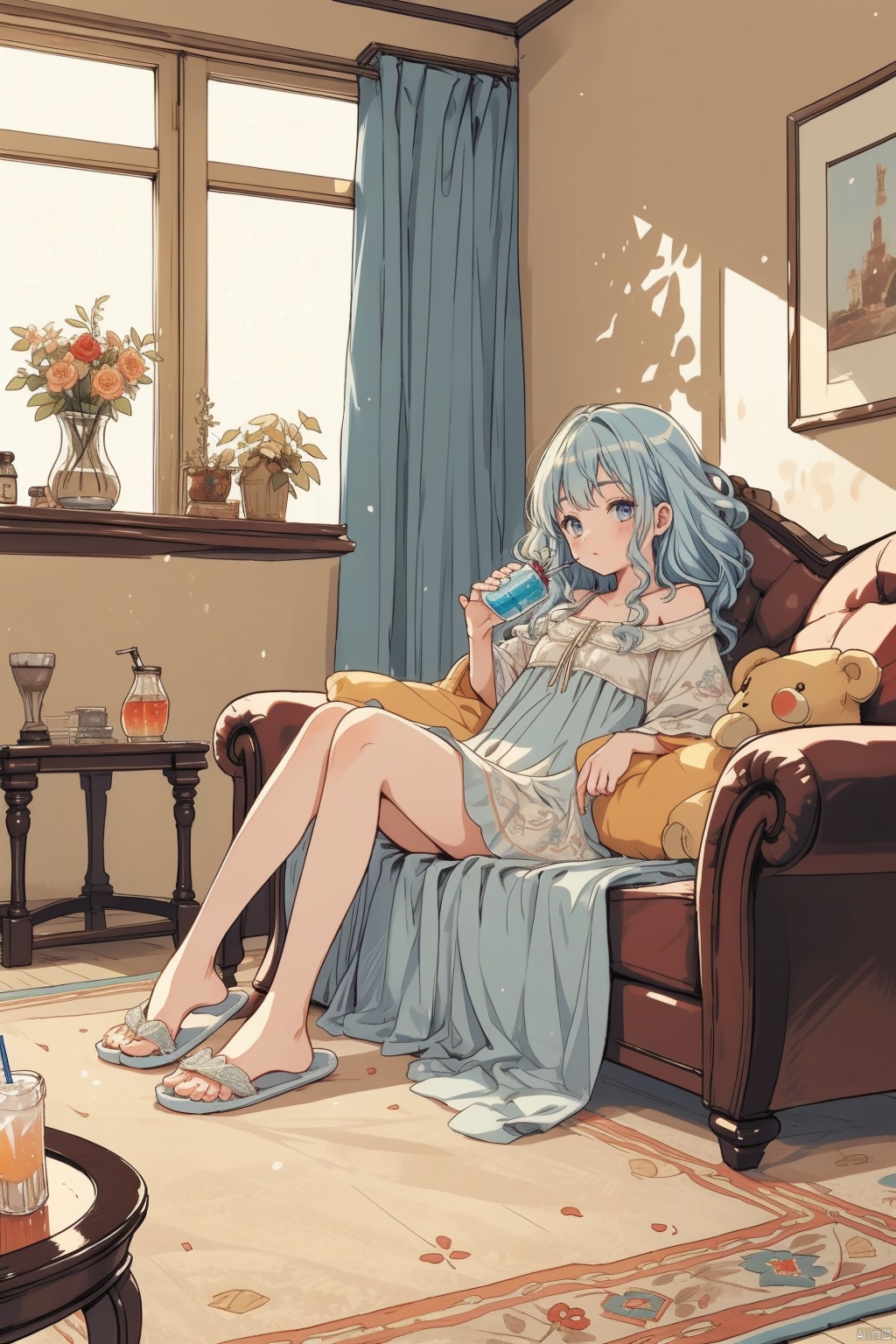  masterpiece, panorama,1 girl, cute, solo focus, long curly hair, light blue hair, happy face, delicate dress, hair spin, ((sitting on sofa)), slippers, a delicate sitting room, deep of field, a photo frame on the wall, velvet curtains, sofa in modern minimalist style, Stuffed toys on the floor,drinking soft drink,((carpet)) on the floor, game consoles scattered on the floor, summer holiday, drinking soft drinks, beautiful flowers around her, backlight, mLD, cozy anime, (\ji jian\), akebi komichi