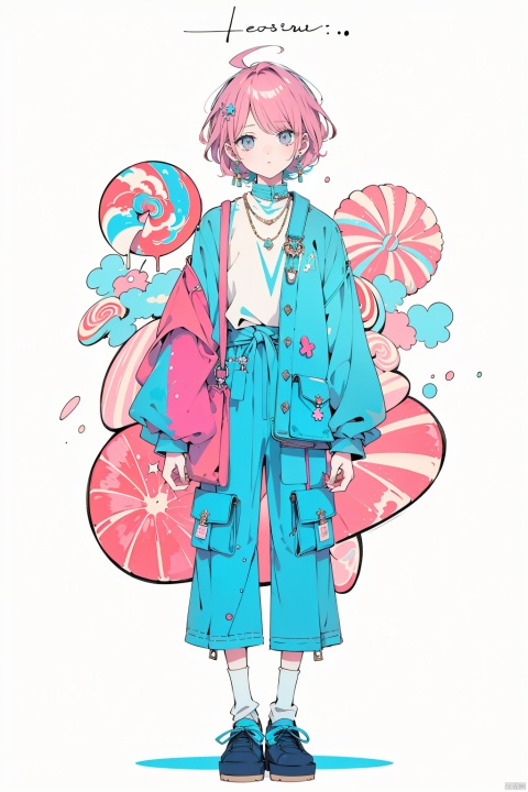  Boys, decorated with colorful clouds, a boy, ((boy)), solo, pink hair, short hair, lovely bangs, blue messenger bag, colorful candy decoration, white socks, blue leather shoes, happy, sweet and lovely style, bright colors, light blue background, candy decoration, dessert decoration, lovely cartoon,