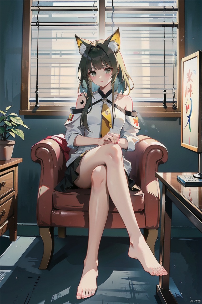  A girl, {feet on the table}, sitting with her whole body, feet, toes, legs, crossed legs, arms crossed, black pantyhose, ****, foot focus, no shoes, Dutch horn, looking at the audience, office chair, sharp eyes, long hair, smooth skin, solo, window, blinds, Asian beauty wearing black stockings, short skirt, casual colored clothes, her own shoulder skirt, sitting Asian beauty. Qiu Ying's works are simple Chinese paintings with simple lines. He is a master of ancient Chinese painting, known for his ink wash, oriental style, traditional clothing, line art, abstract art, and yellow rice paper. Gu Kaizhi and Wu Daozi focus on artistic conception, with simple backgrounds and diverse styles. He has a certain artistic atmosphere and high-end flashlight effects, KNOTBLOUSE