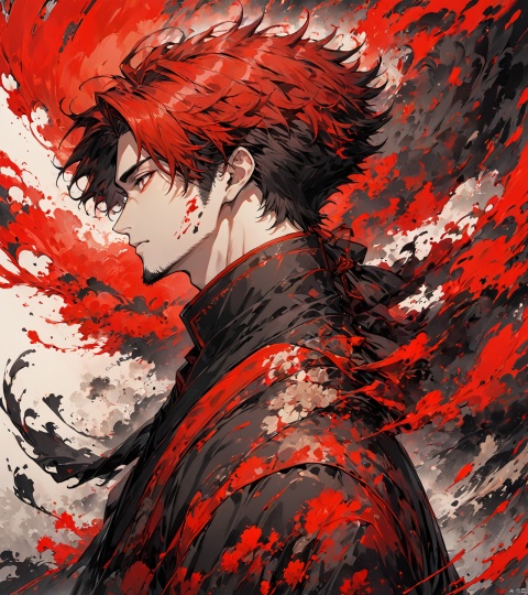  memories fading away,abstract, void,
baixl-shuimo, solo, 1boy, male focus, red theme, hair in wind, profile, paint splatter, ink wash painting, red and black, facial hair,Rich details,line art,