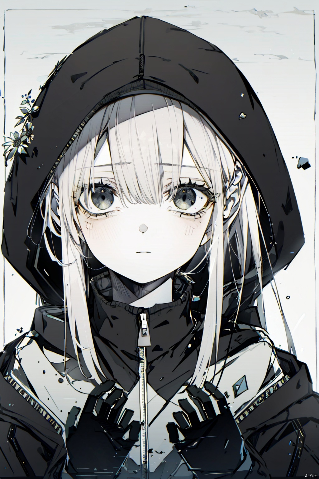  1girl, solo, long hair, gloves, jacket, monochrome, upper body, flower, greyscale, hood, hooded jacket, hood up,broken mask,sadness, hitoroa, gotou hitori