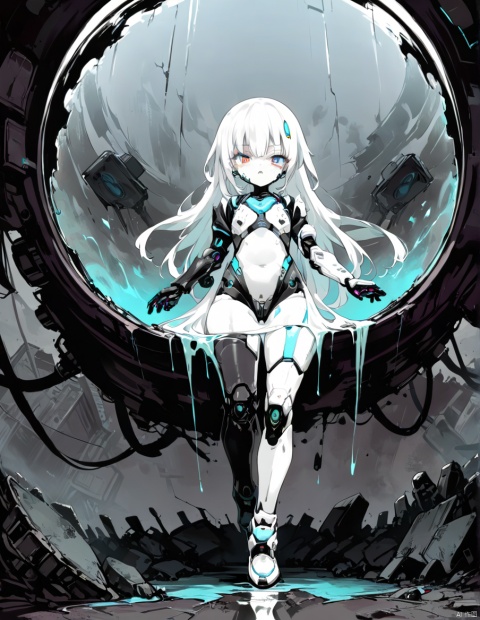 a semi-mechanical girl locked in a glass container of liquid, experimental site, full_body, (best quality, 4k, 8k, highres, masterpiece:1.2), ultra-detailed, , long_hair and flowing white hair, blue-eyed robot, shattered body full s, half-android face, hyperpunk scene with unsaturated deep blues and orange, vibrant and vivid colors, ( high resolution:1.3), (zoom-in, ultra-fine painting, 2D anime:1.2), art by Yukito Kishiro, Lida, robotic decay, dystopian atmosphere, saturated, sci-fi trash, glowing mechanical eye, harsh shadows, dark clouds above,(low quality, normal quality, worst quality, jpeg artifacts), cropped, monochrome, lowres, low saturation,, loli, gzly