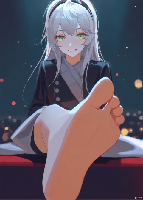  Masterpiece, best quality, high quality, (color), [artist sk (askzy)], [artist wlop], firefly, foot focus, 1girl, toe, solo, barefoot, foot, long hair, white hair, looking at the audience, hair band, shortening, sole, powder blusher, jacket, black hair band, showing hair between feet, shirt, eyes, sitting, white shirt, evil smile, green eyes, ((poakl)), mLD, gummy_(arknights), niji color, Lappland, detailed
