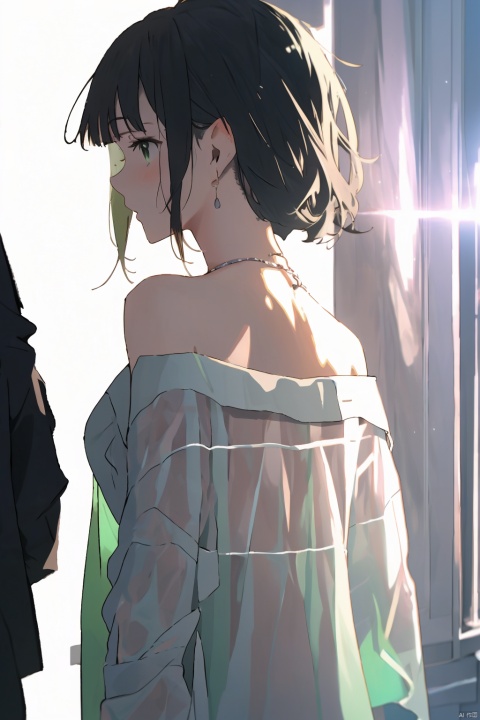  1 girl, focus, solo, looking back, looking from behind, taking off clothes, shirt, white background, white shirt, looking at the audience, green eyes, boyfriend, cozy anime