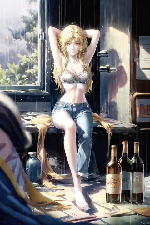  1girl, solo, long hair, breasts, black hair, navel, cleavage, brown eyes, medium breasts, sitting, midriff, pants, indoors, armpits, bra, blurry, arms up, lips, bottle, denim, arms behind head, jeans, sports bra, realistic,(rainning:1.3), , ((poakl))