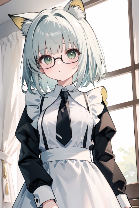  1girl,oyama_mahiro,loli, shirt, green eyes, ((poakl)), yebin, See through maid, necktie, eyeglasses, qipao, xiaofu, white serafuku