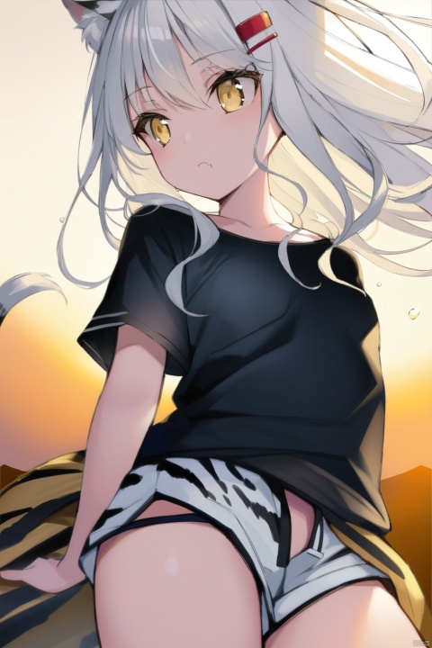  (masterpiece),(best quality),loli,petite,medium breast,(panorama:1.2),causticstail,disheveled hair, messy hair, long bangs, floating hair,highleg,{{short shorts}},solo,{an extremely delicate and beautiful}++++loose clothes,(black t-shirt:1.4)++,hairclip,++(animal print:1.2)++++Yellow eyes,white hair,tiger ears,fang out,{beautiful eyes},yellow jacket around waist,solo,cozy anime, Kal'tsit