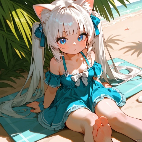  score_9_up,score_8_up,score_7_up,1girl,(loli),solo,white cat ears,white hair,bangs,twintails,(blue eyes:1.3),white_dress,in summer,fair_skin,small breasts,hime cut,sitting,blush,soles,looking at viewer,seaside,front_view,
