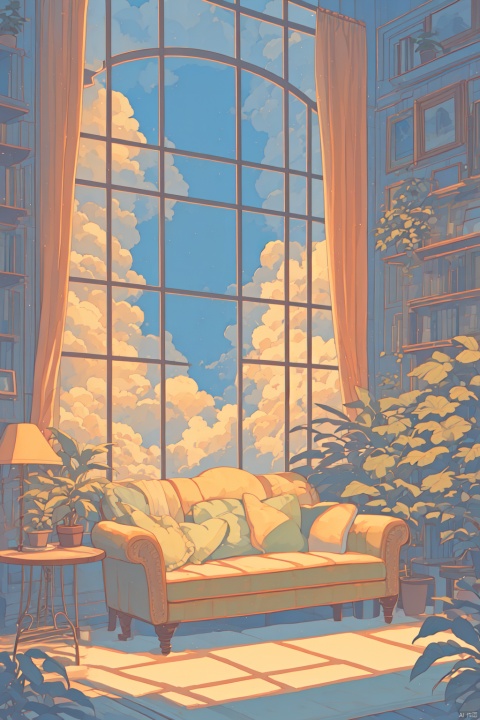  cloud, window, curtains, sky, no humans, plant, scenery, indoors, chair, couch, day, blue sky, book, potted plant, table, pillow, cloudy sky, lamp, painting \(object\), leaf, shelf, picture frame, watercolor \(medium\), 372089