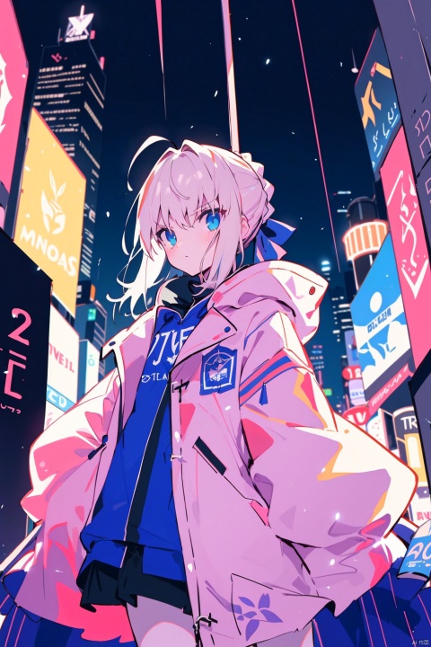  Ultra-high resolution, cinematic lighting,Woman wearing pink raincoat in Times Square,xxmix_girl,more detail XL, blue medium hair, artoria pendragon \(fate\)