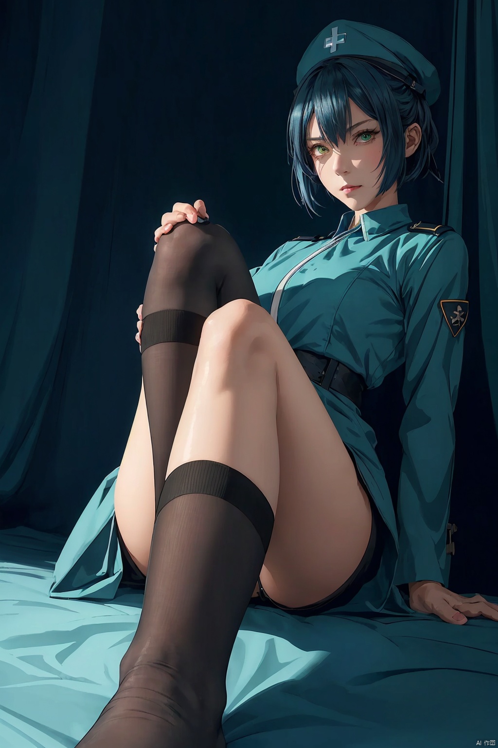 A woman wearing military medical attire, blue-green nurse uniform, medium length short hair, gloomy and angry expression, blue nurse hat, beautiful anime portrait, black stockings, five toes, foot vision, trampling perspective, being stepped on, digital anime illustration, beautiful anime style, fantasy medical worker, anime illustration, anime fantasy illustration, beautiful character painting, pop art, (\ personality \), w_ (Arknights), 1 girl, green eyes, (trampling), ((poakl))