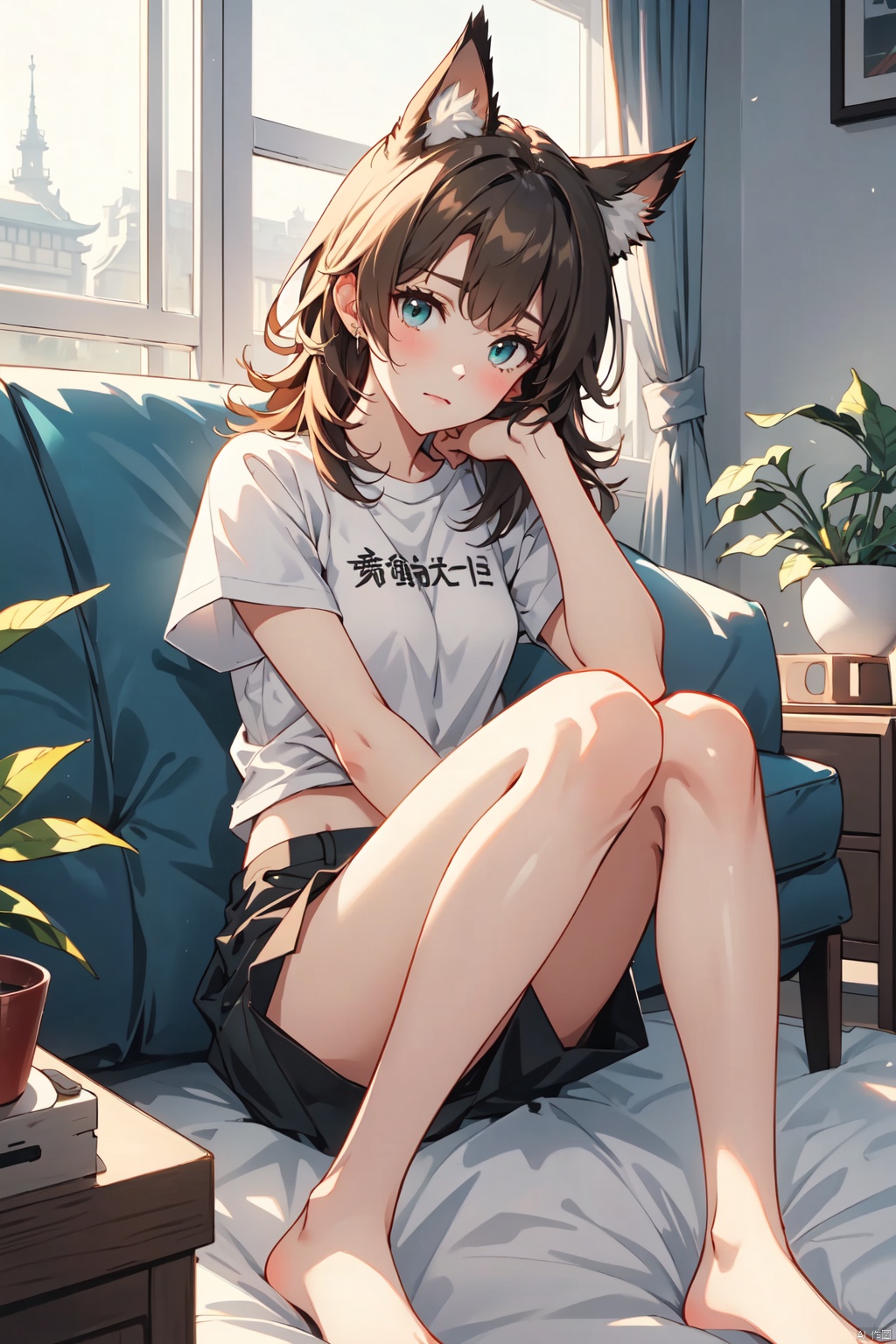  masterpiece, best quality,backlight,Tyndall effect,Crepuscular Rays,1girl,white_hairbangs,long hair,French braid,blue eyes,cold expression,lightseagreen T-shirt,navel,fetal_position ,pumpkin pants
,small_breasts,No shoes on,bedroom,White cloth sofa,White blanket,Dieffenbachia seguine Schott,White curtains,bare feet,bare legs,****,foot focus, w_(arknights), artoria pendragon \(fate\), green eyes, shidudou,solo, miyamizu_mitsuha, white hell, oyama_mahiro, jtc, platinum_(arknights), ceobe_(arknights), gummy_(arknights), yamada ryo, ijichi nijika, tatsumaki, akebi komichi, Furry Girl, fox ear,kaldef, dusk_(arknights), nibutani shinka, takanashi rikka, TUSHANHONGHONG,texas_the_omertosa_(arknights),艾斯德斯, ning, swire_(arknights), 1girl, isshiki_iroha