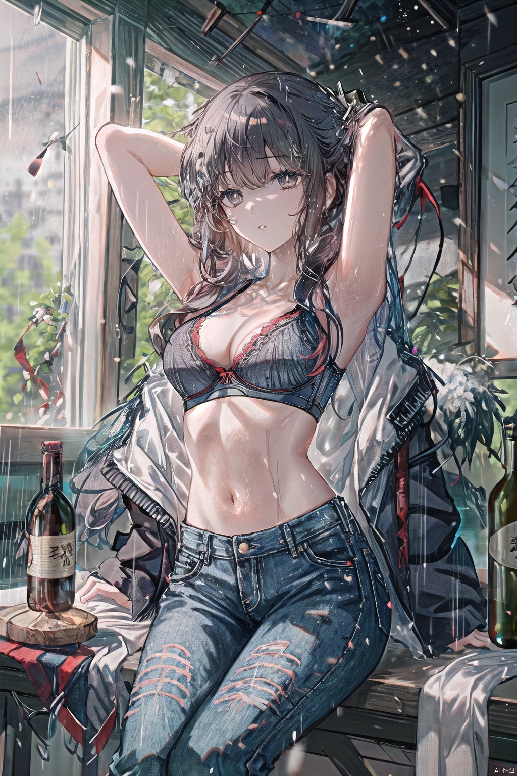  1girl, solo, long hair, breasts, black hair, navel, cleavage, brown eyes, medium breasts, sitting, midriff, pants, indoors, armpits, bra, blurry, arms up, lips, bottle, denim, arms behind head, jeans, sports bra, realistic,(rainning:1.3), ((poakl)), platinum_(arknights), waai_fu_(arknights),furry_female, fl