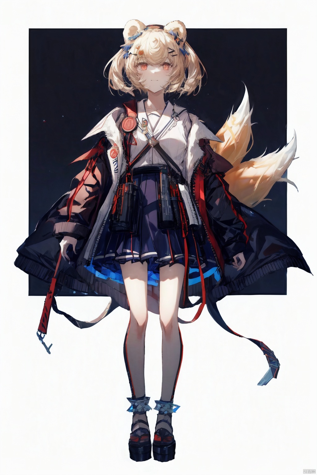 Clothing, animal, ear, plush, animal, ear, anklets, hair, shirt, brown sweater, sweater, closed, mouth, colorful, ear, girl, background, skirt, high-rise, kitsune, kyuubi, multi-color, hair, shirt, simple, background, skirt, smile, zuran, (anklets), hair, ((poakl)),, detailed, blue_poison_(arknights), gummy_(arknights)