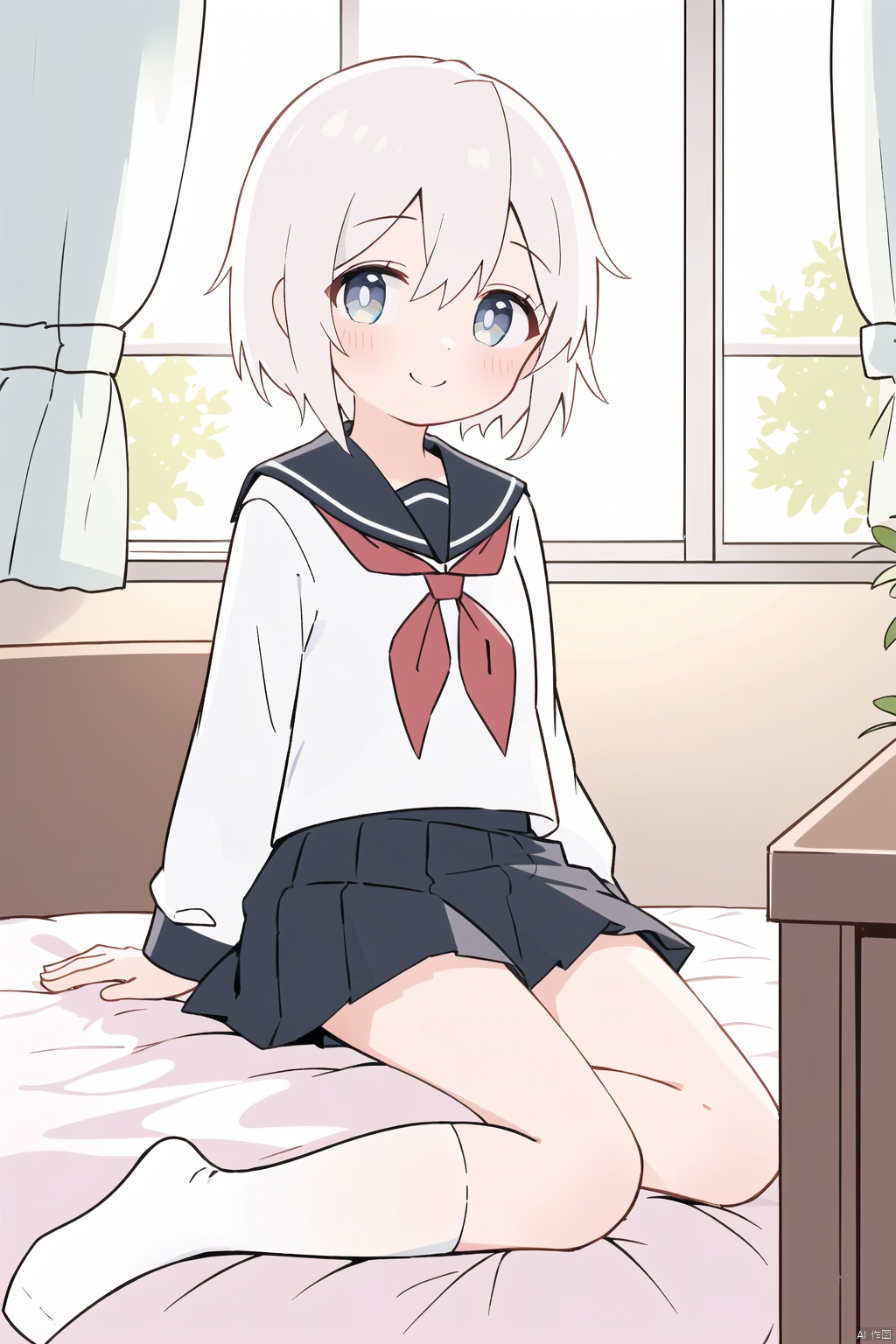  1girl, solo, looking at viewer, blush, smile, short hair, bangs, blue eyes, skirt, shirt, long sleeves, hair between eyes, sitting, closed mouth, school uniform, full body, white shirt, white hair, pleated skirt, serafuku, socks, indoors, black skirt, sailor collar, blue skirt, neckerchief, pillow, kneehighs, window, bed, on bed, no shoes, white socks, red neckerchief, bedroom, oyama_mahiro