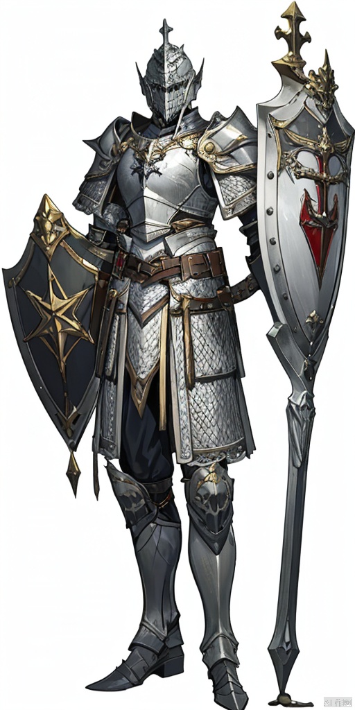  solo, simple background, white background,
 A shield shaped like a pentagram,Black armor
holding, standing, full body, male focus, belt, armor, helmet,Golden Shield, tabard, knight, full armor, holding shield, chainmail,Shield defense,cross, Shield, Sculpted Hand-Painted Figure,ruby,
, Armor