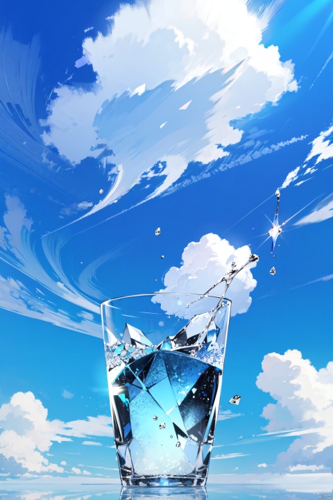  Crystal,transparent,glowing,cloud,Spring,雨点,Blue Sky and White Clouds,Masterpiece,Super Detailed, Best quality,