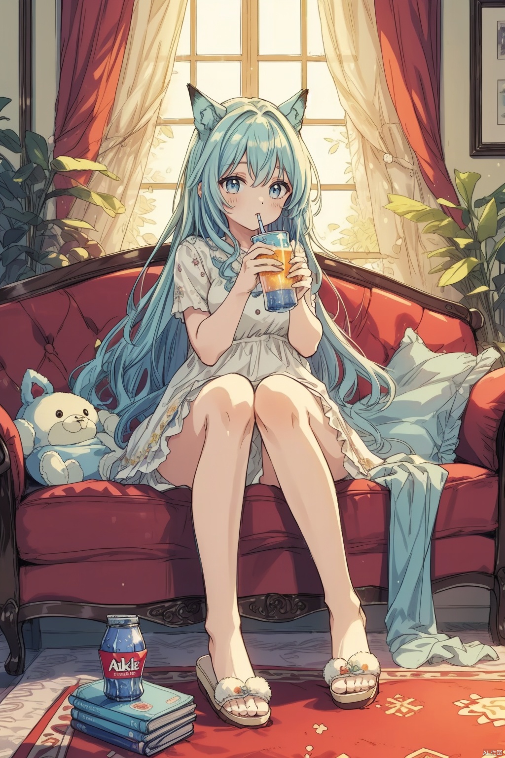  masterpiece, panorama,1 girl, cute, solo focus, long curly hair, light blue hair, happy face, delicate dress, hair spin, ((sitting on sofa)), slippers, a delicate sitting room, deep of field, a photo frame on the wall, velvet curtains, sofa in modern minimalist style, Stuffed toys on the floor,drinking soft drink,((carpet)) on the floor, game consoles scattered on the floor, summer holiday, drinking soft drinks, beautiful flowers around her, backlight, mLD, cozy anime, (\ji jian\), akebi komichi, green eyes, ceobe_(arknights)