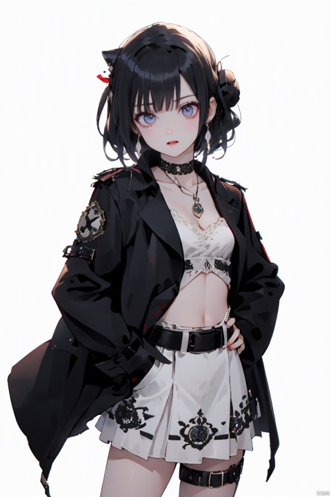  1girl, solo, black hair, white background, simple background, jewelry, black eyes, hand on hip, skirt, earrings, cropped jacket, choker, black skirt, short hair, looking at viewer, jacket, crop top, long sleeves, single hair bun, midriff, hair bun, floral print, white jacket, necklace, closed mouth, bangs, hair ornament, belt, breasts, collarbone, cowboy shot, mole, cleavage, open clothes, long skirt, black shirt, navel, ribbon, vampire, yinwen,no humans
